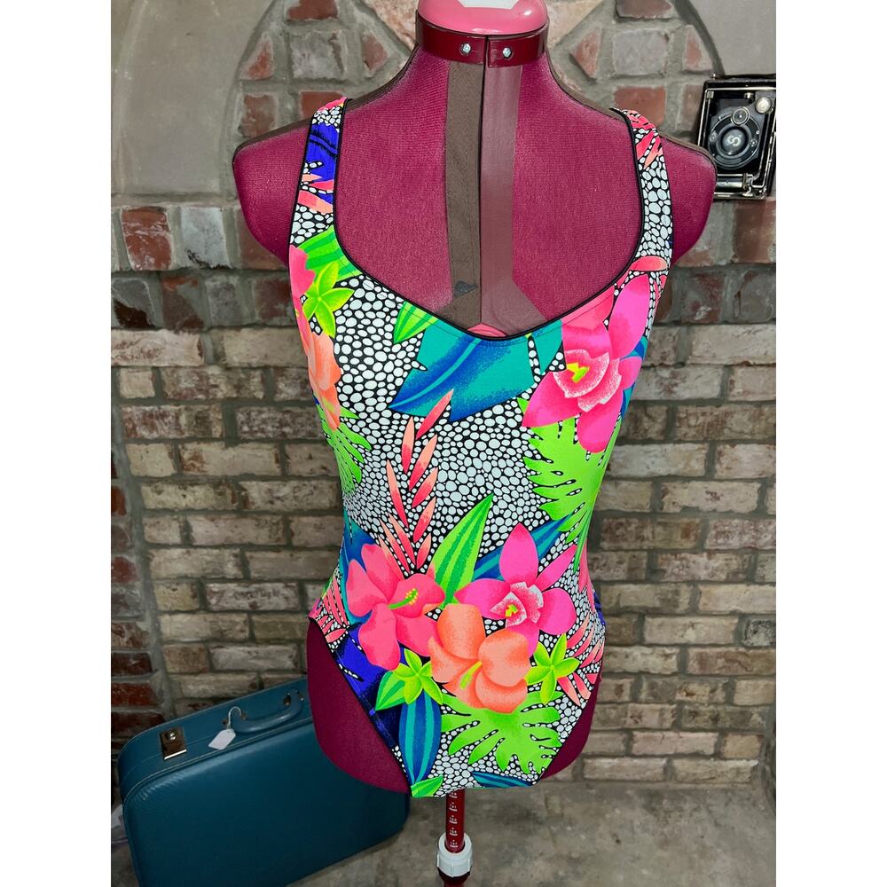 Sassafras one piece swimsuit floral highcut dayglow green hot pink orange bright
